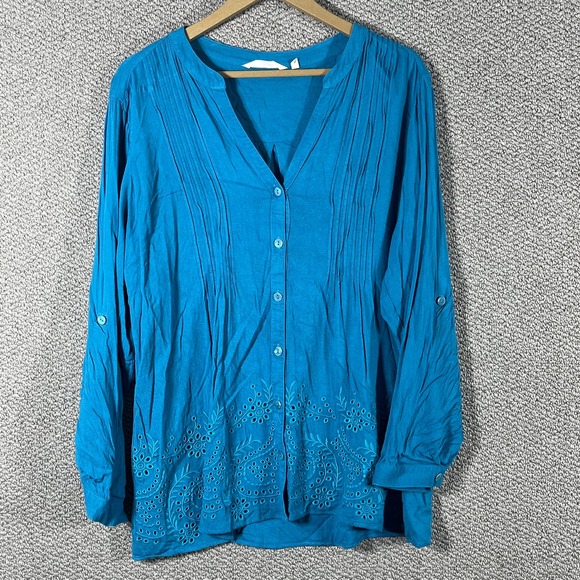 Soft Surrounding Blouse Womens XL Blue Embroidered Roll Tab Sleeves Button Up - Picture 1 of 9